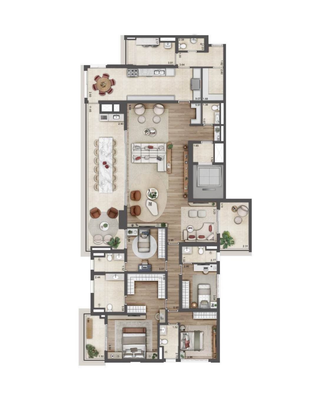 Planta baixa de 276 m², 4 suítes, Torre A