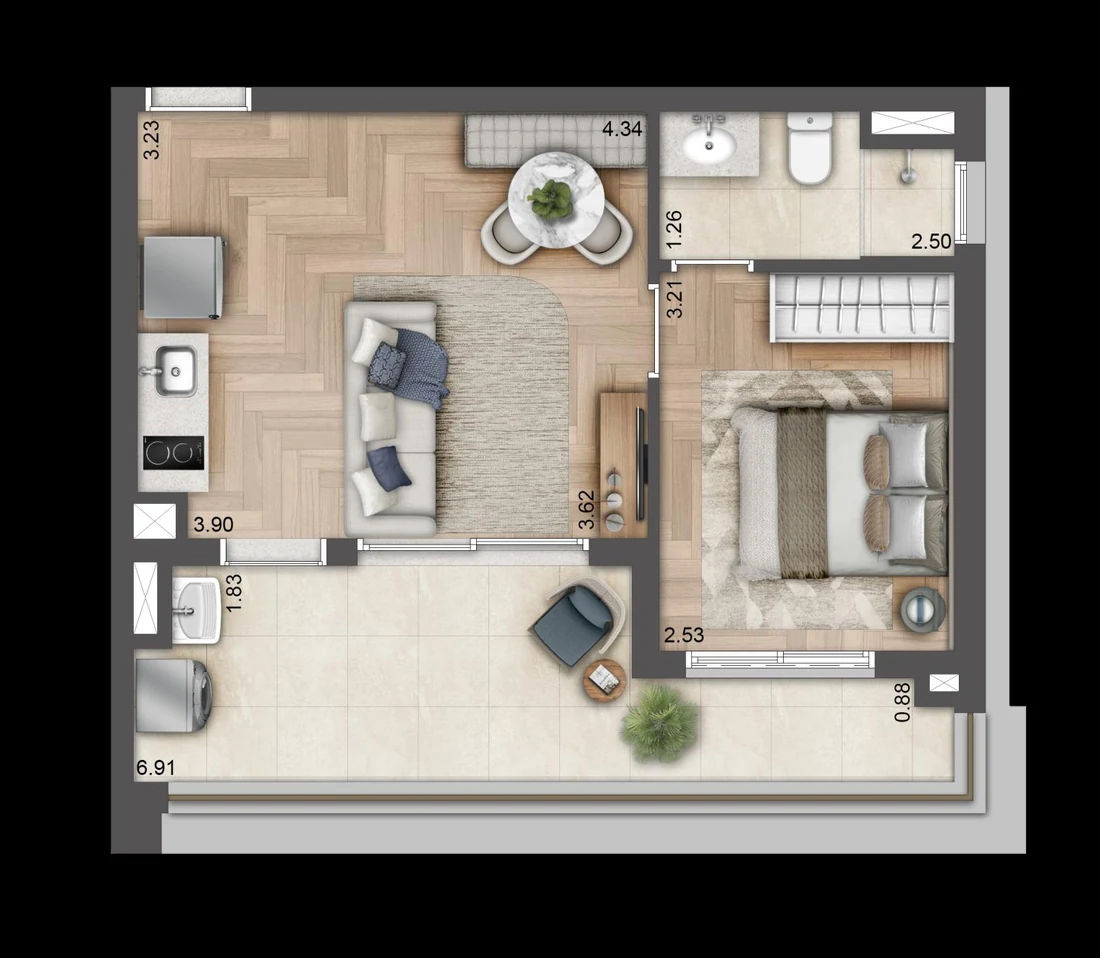 Planta baixa de 43 m², Final 14A, T.O.M. Paraíso